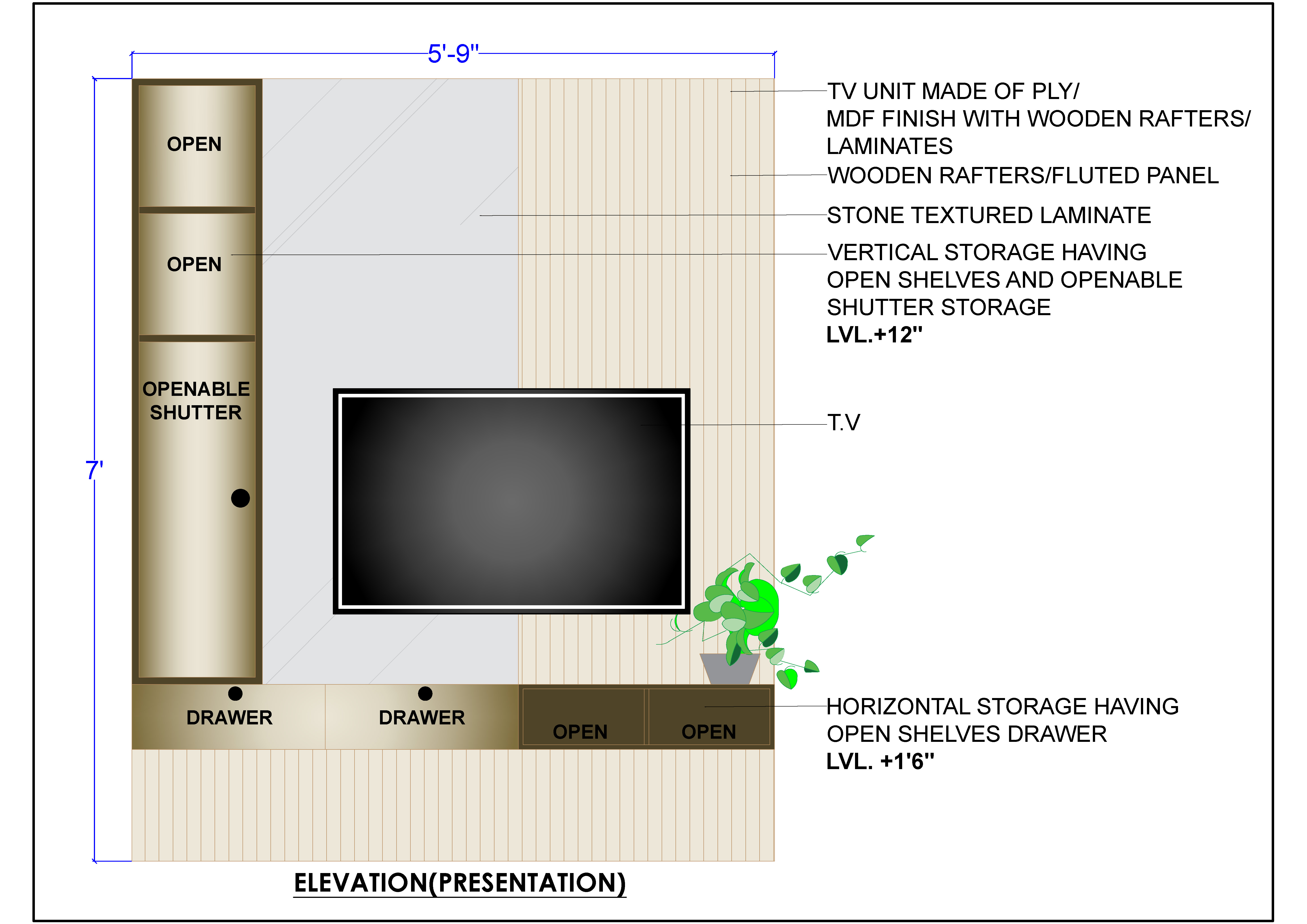 Modern TV Unit Front Elevation AutoCAD Drawing